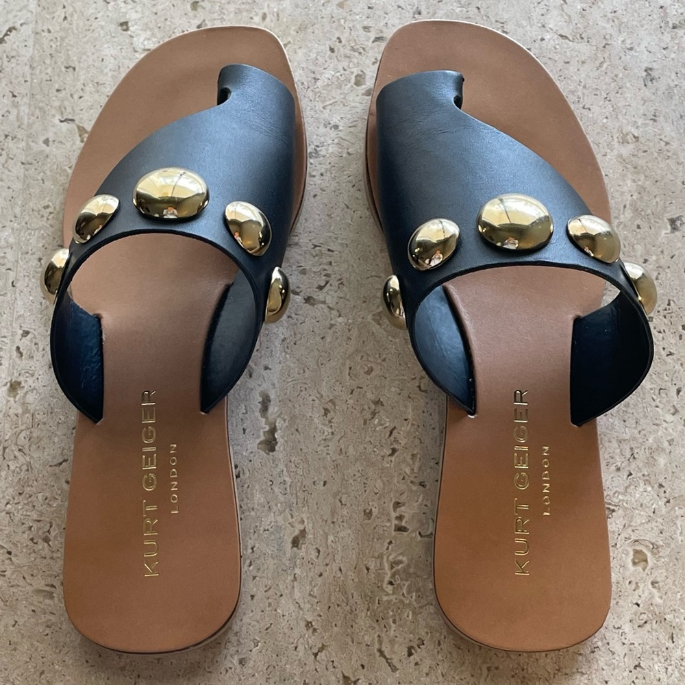 KURT GEIGER Black Leather Gold Ball Studded Toe Ring Sandals - EU 38 / 7.5-8 NIB - Picture 7 of 14